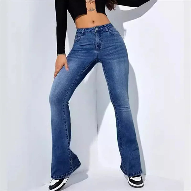 Dark Blue Fashionable Women’s Slim Fit Flared Denim Jeans